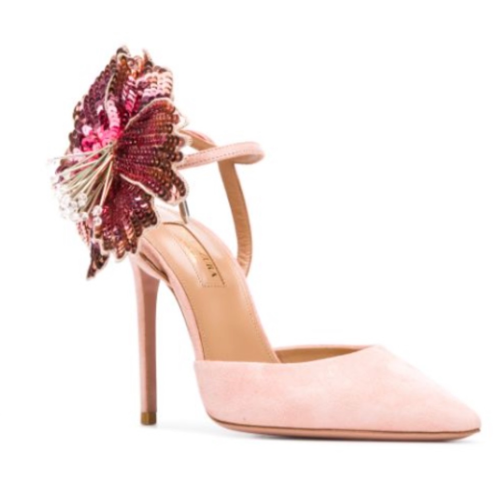 Aquazzura Pink Suede Pointed Toe Stiletto With Floral Sequin Heel